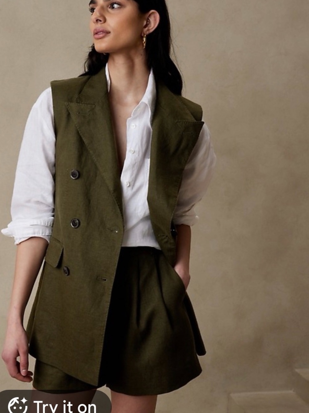 Banana Republic Olive Green Double-Breasted Sleeveless Blazer Vest